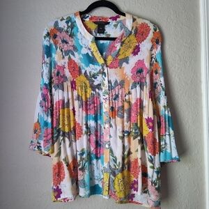 Investments 3/4 Bell Sleeve Flower Fields Blouse Top Women’s size XLP